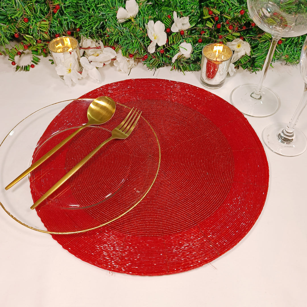 Glass Beaded Placemat in  Red, Set of 2