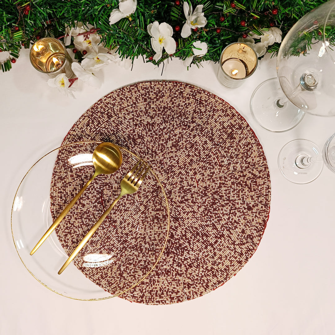 Glass Beaded Placemat in  Red & Cream, Set of 2