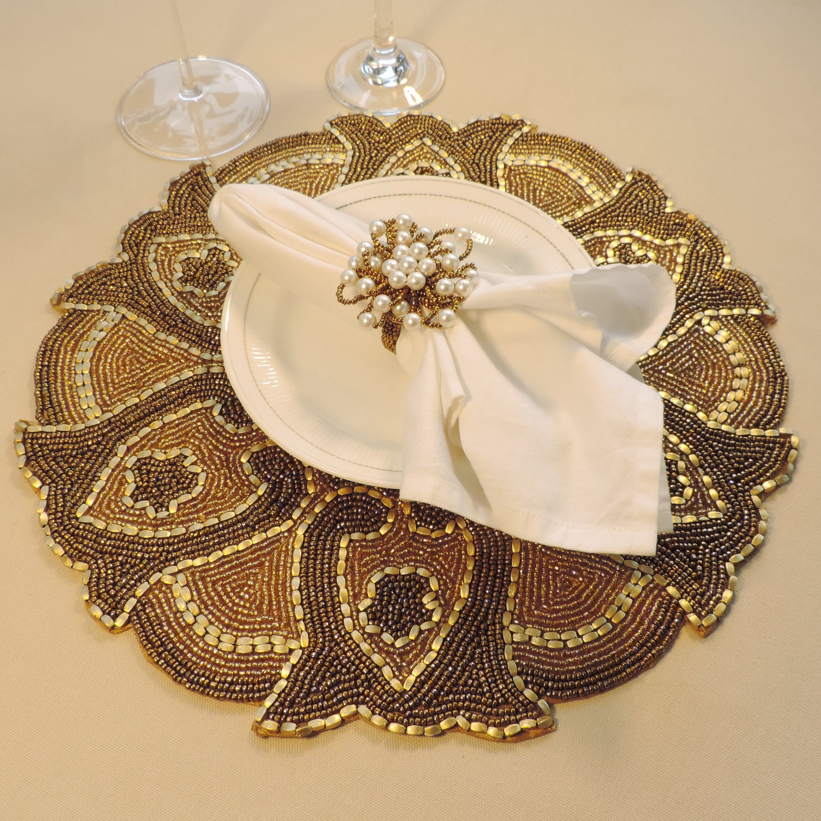 Glass Bead Embroidered Placemats, Chargers / Set of 2 / 14in. Round / Antique Gold