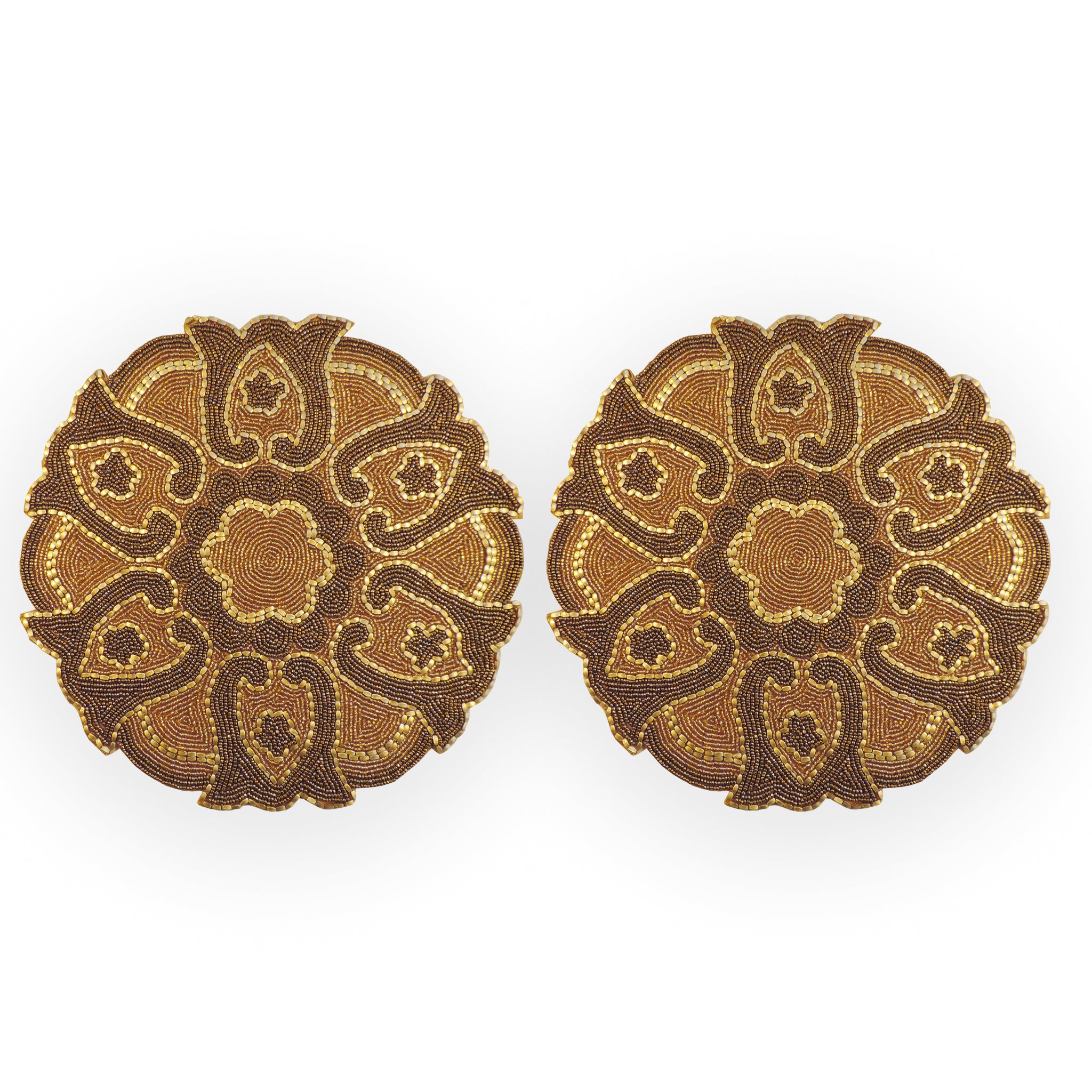 Glass Bead Embroidered Placemats, Chargers / Set of 2 / 14in. Round / Antique Gold