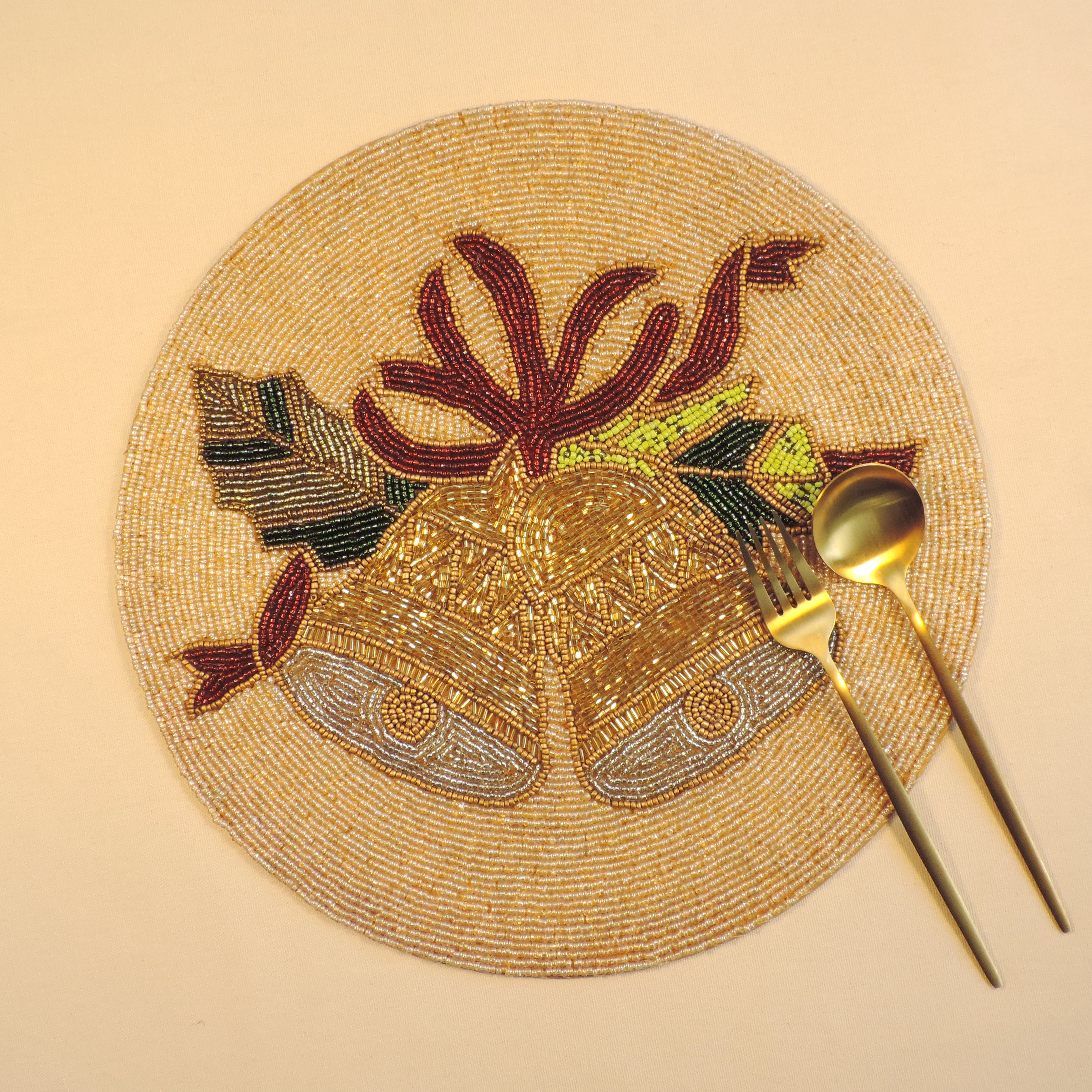 Jingle Ball Beads Embroidered Placemats, Chargers / Set of 2 / 14in. Round / Gold