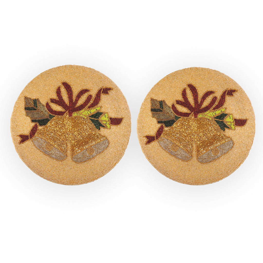 Jingle Ball Beads Embroidered Placemats, Chargers / Set of 2 / 14in. Round / Gold