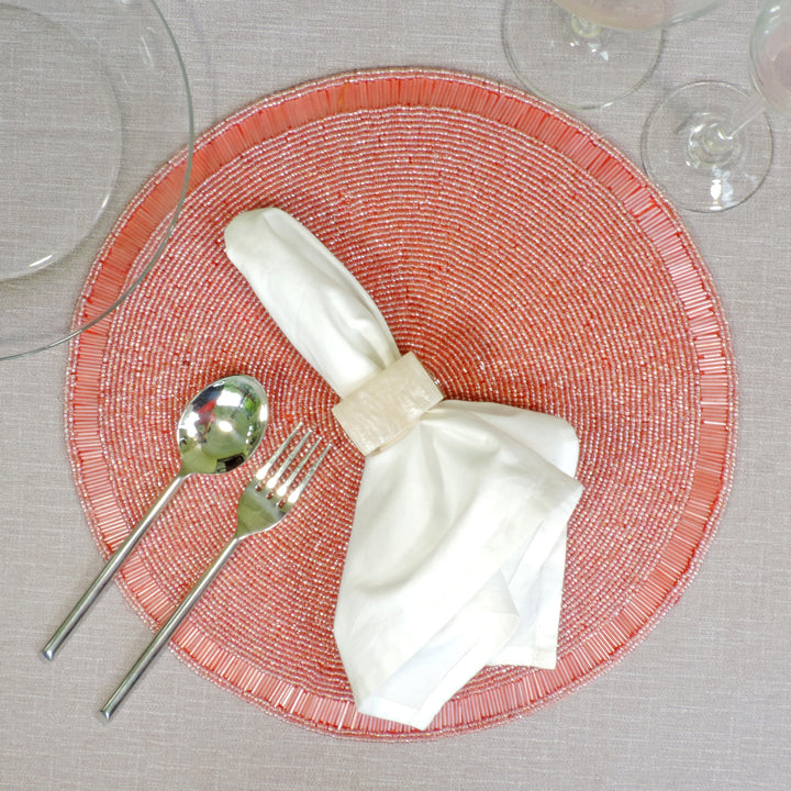 Glass Bead Embroidered Placemats, Chargers / Set of 2 / 14in. Round / Pink