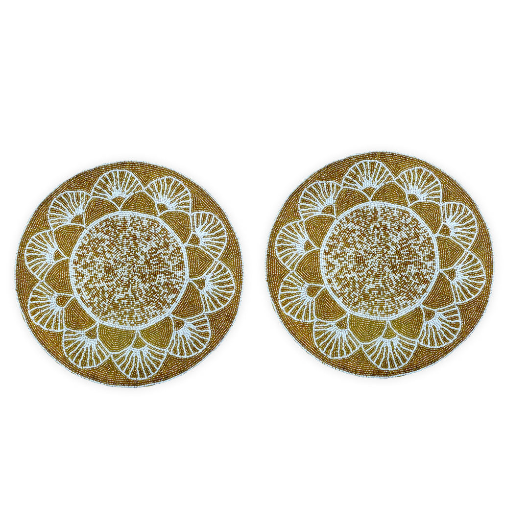 Glass Bead Embroidered Placemats, Chargers/ 14 inch Round/ set of 2 / Gold