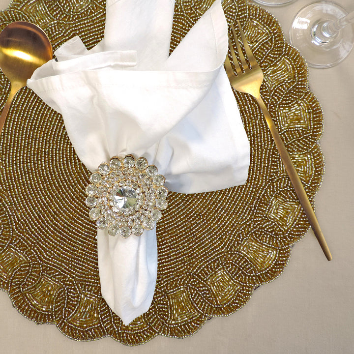 Glass Bead Flower Embroidered Placemats, Chargers / Set of 2 / 14in. Round / Gold