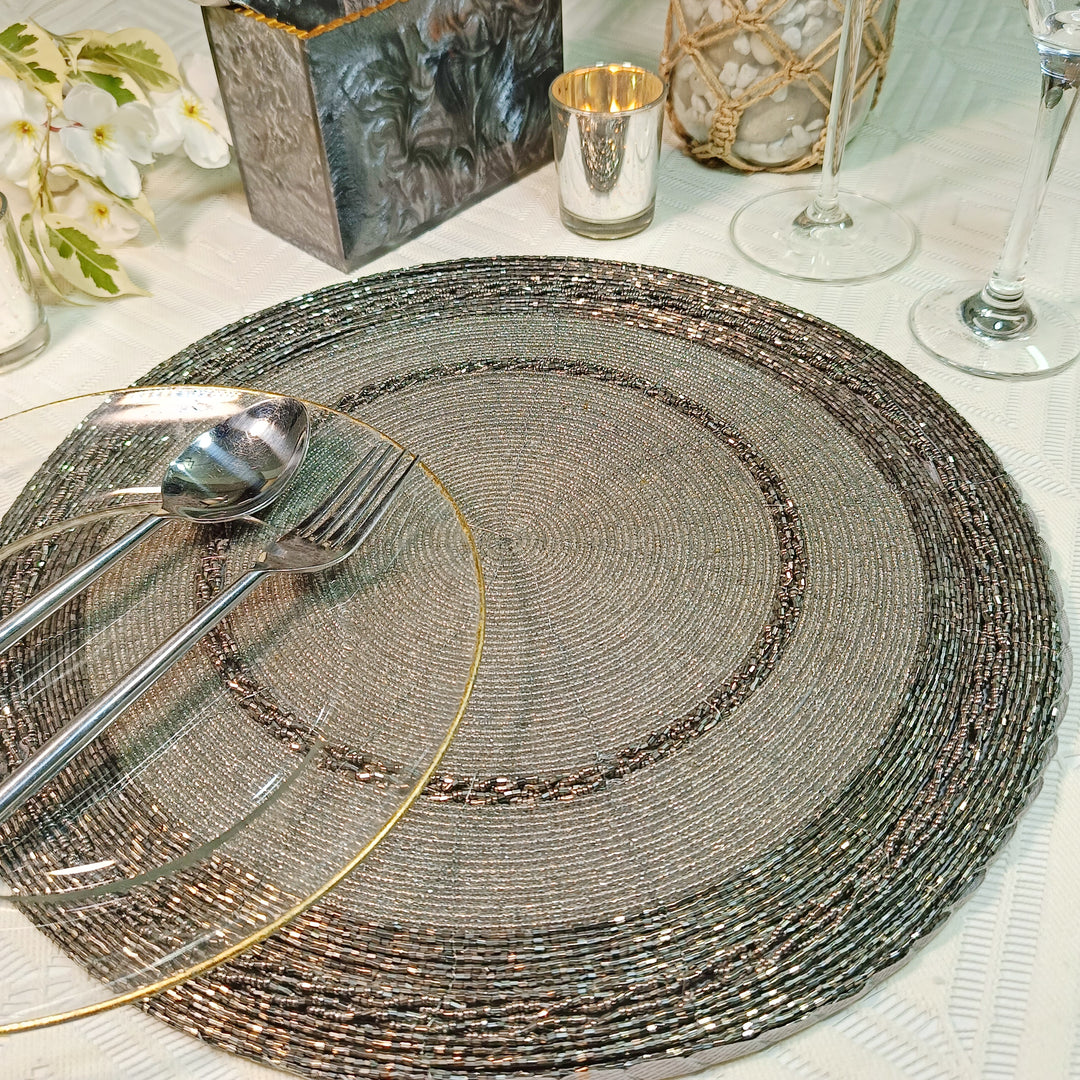 Glass Beaded Placemat in  Silver Set of 2
