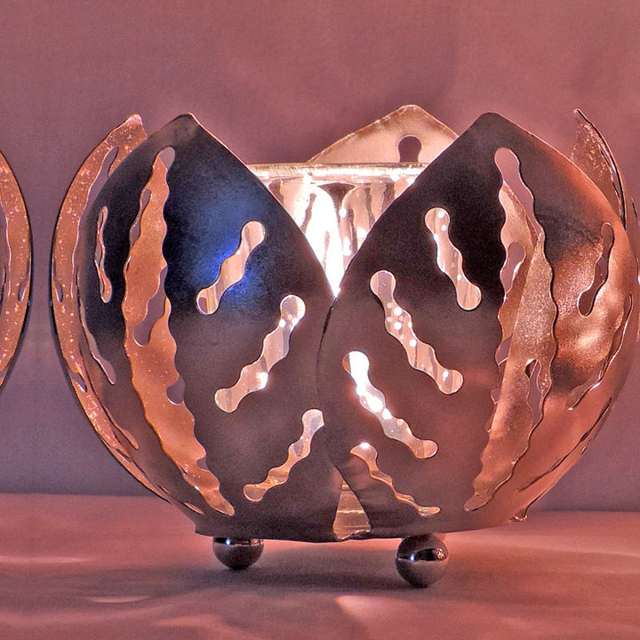 Noor Collection - Decorative Lotus Shape Set of 2 Votives with Tea light Holder - Silver