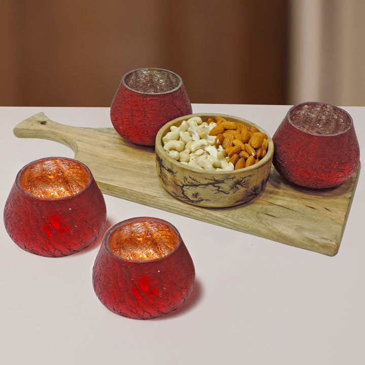 Ainaa Collection - Set of 2 Red Glass Votive with Chopping board & Crackle Bowl