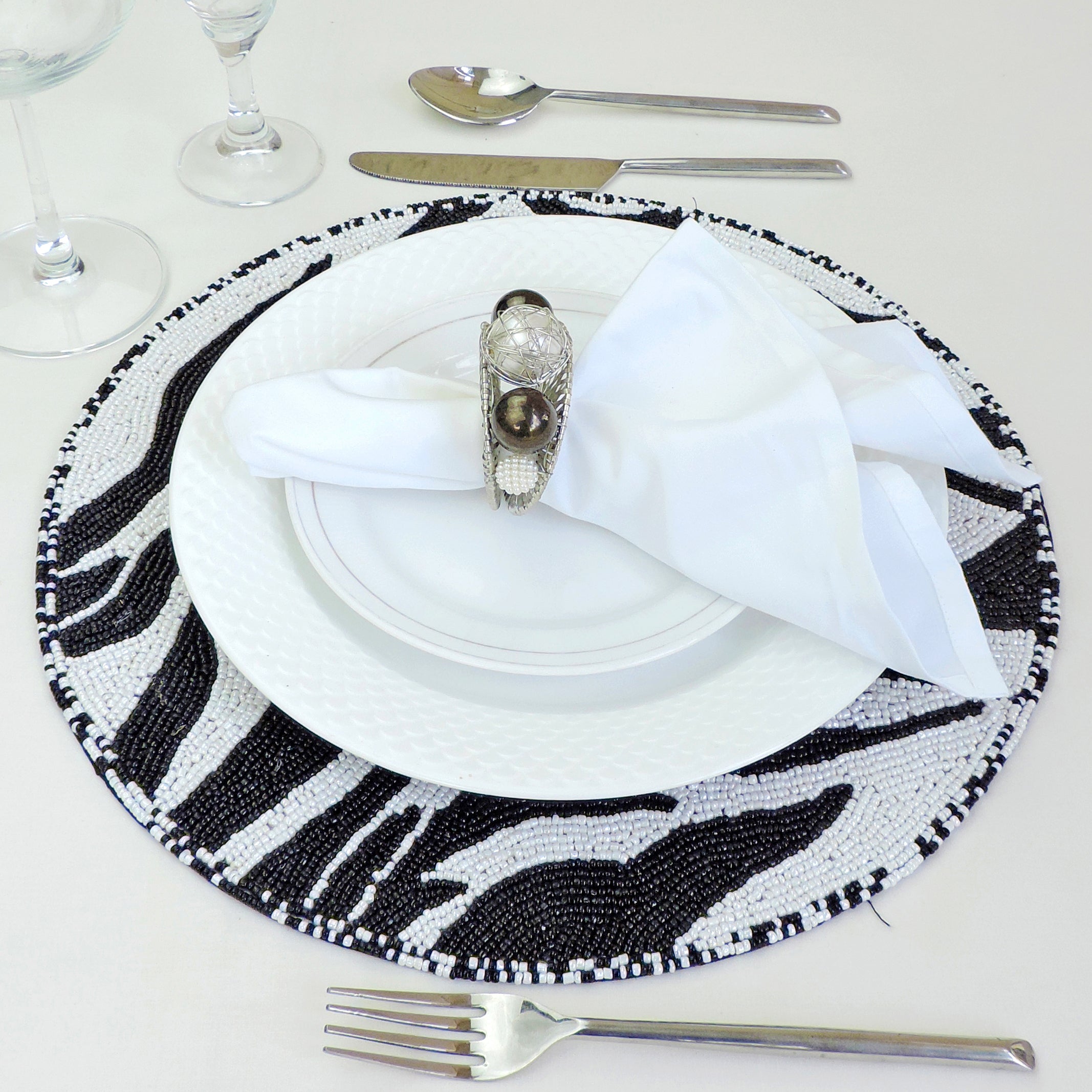 Embroidered Placemat / 14" / Set of 2 / Cream & Black