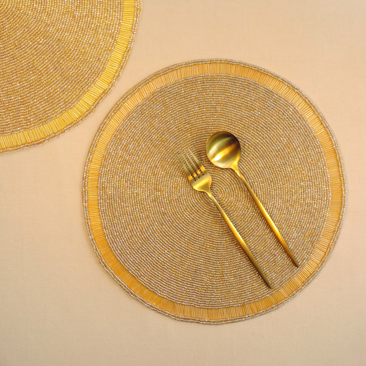 Glass Bead Embroidered Placemats, Chargers / Set of 2 / 14in. Round / Gold
