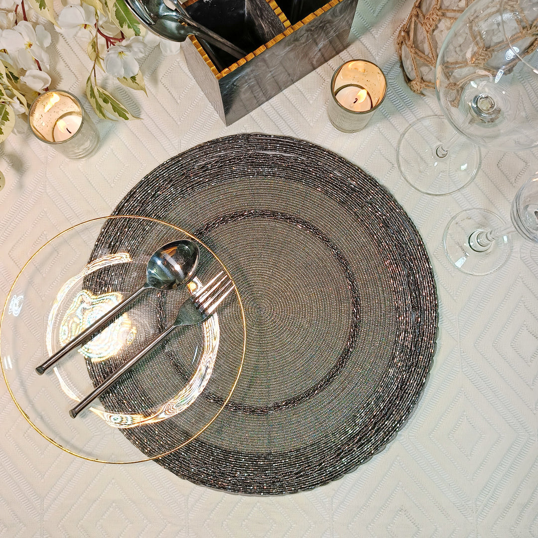 Glass Beaded Placemat in  Silver Set of 2