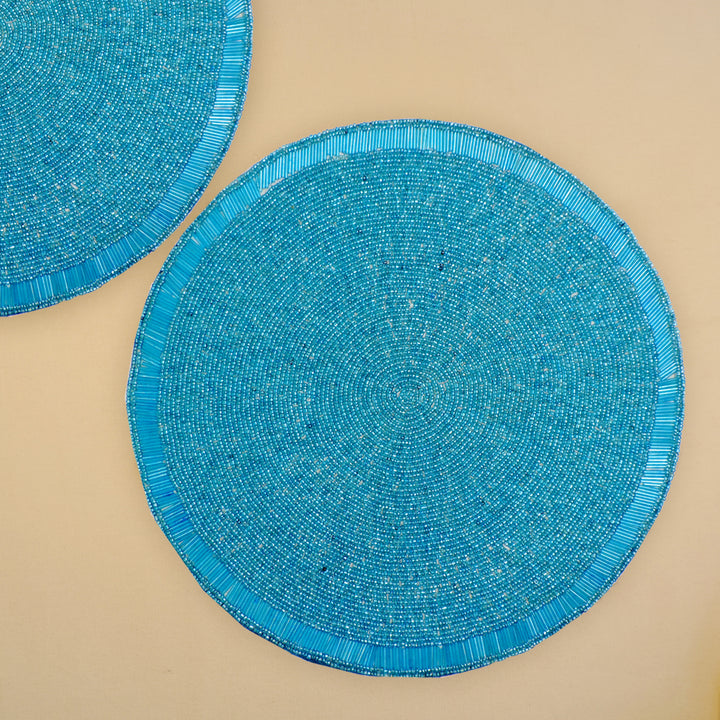 Glass Bead Embroidered Placemats, Chargers / Set of 2 / 14in. Round / Teal