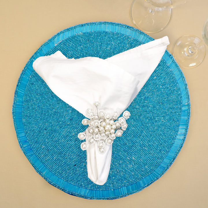Glass Bead Embroidered Placemats, Chargers / Set of 2 / 14in. Round / Teal