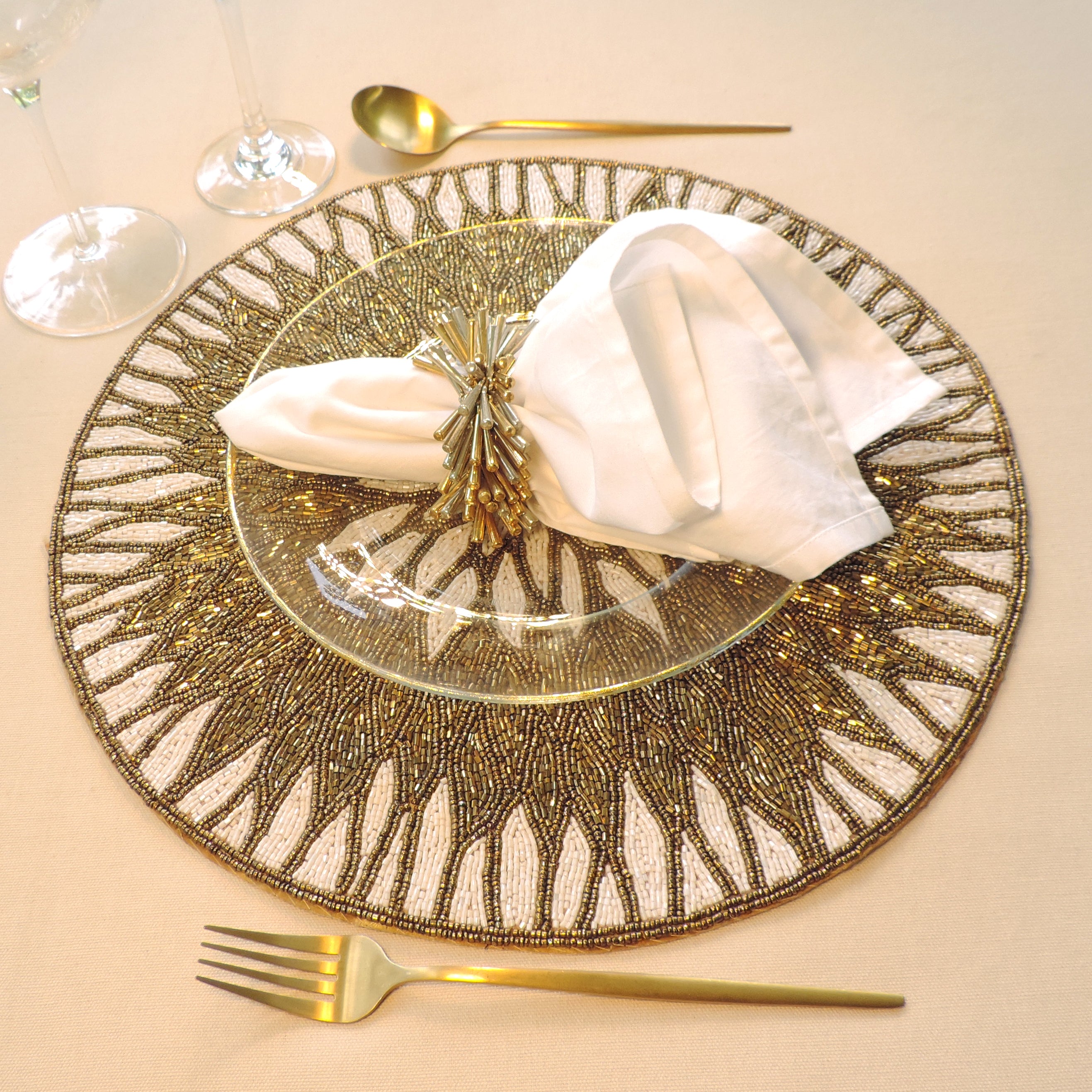Glass Bead Embroidered Placemats, Chargers / Set of 2 / 15in. Round / Antique  Gold
