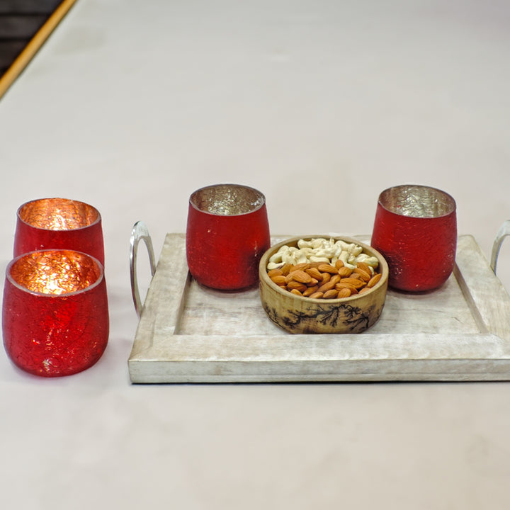 Ainaa Collection - Set of 2 Red Glass Votive with Tray & Crackle Bowl