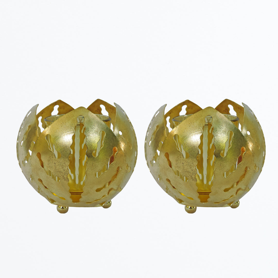 Noor Collection - Decorative Lotus Shape Set of 2 Votives with Tea light Holder - Gold