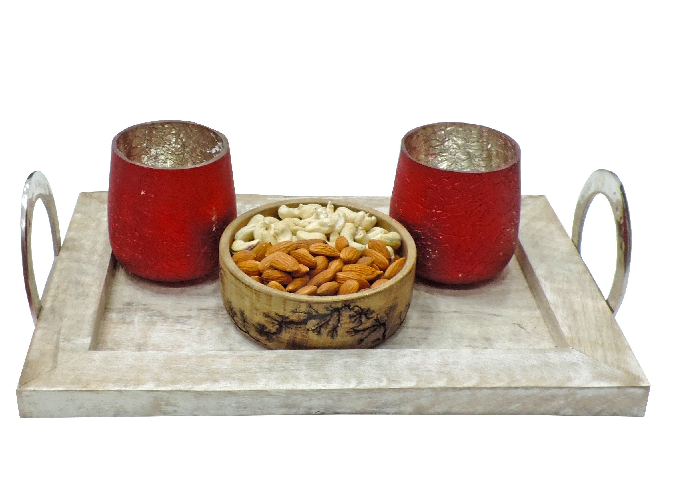 Ainaa Collection - Set of 2 Red Glass Votive with Tray & Crackle Bowl