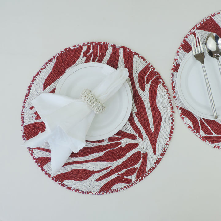 Embroidered Placemat / 14" / Set of 2 / White & Red