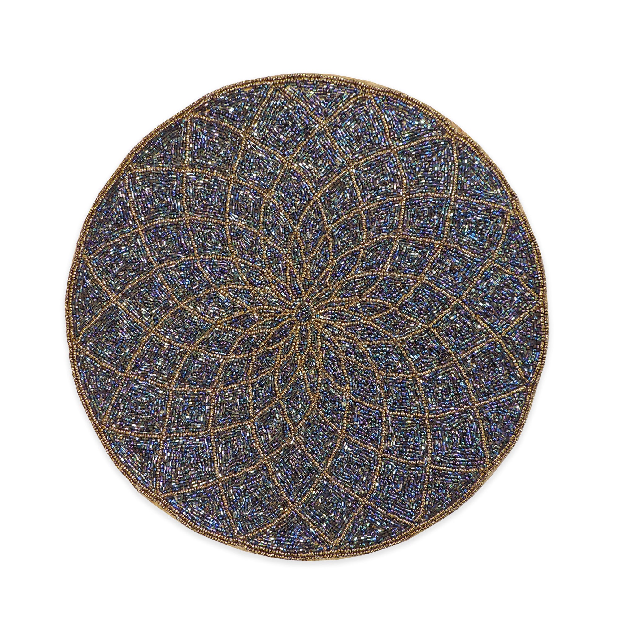 Glass Bead Embroidered Placemats, Chargers / Set of 2 / 14in. Round / Blue