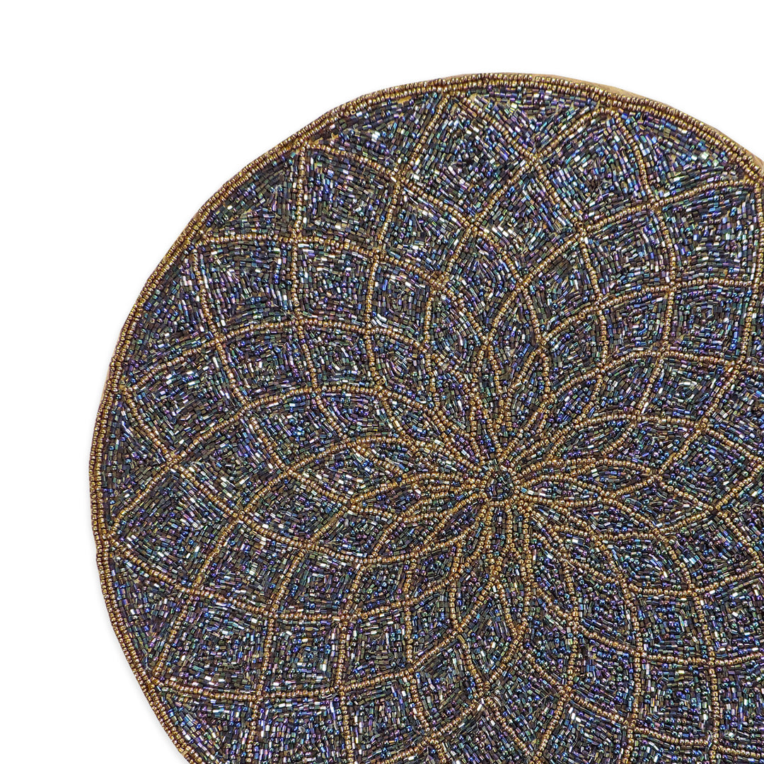 Glass Bead Embroidered Placemats, Chargers / Set of 2 / 14in. Round / Blue