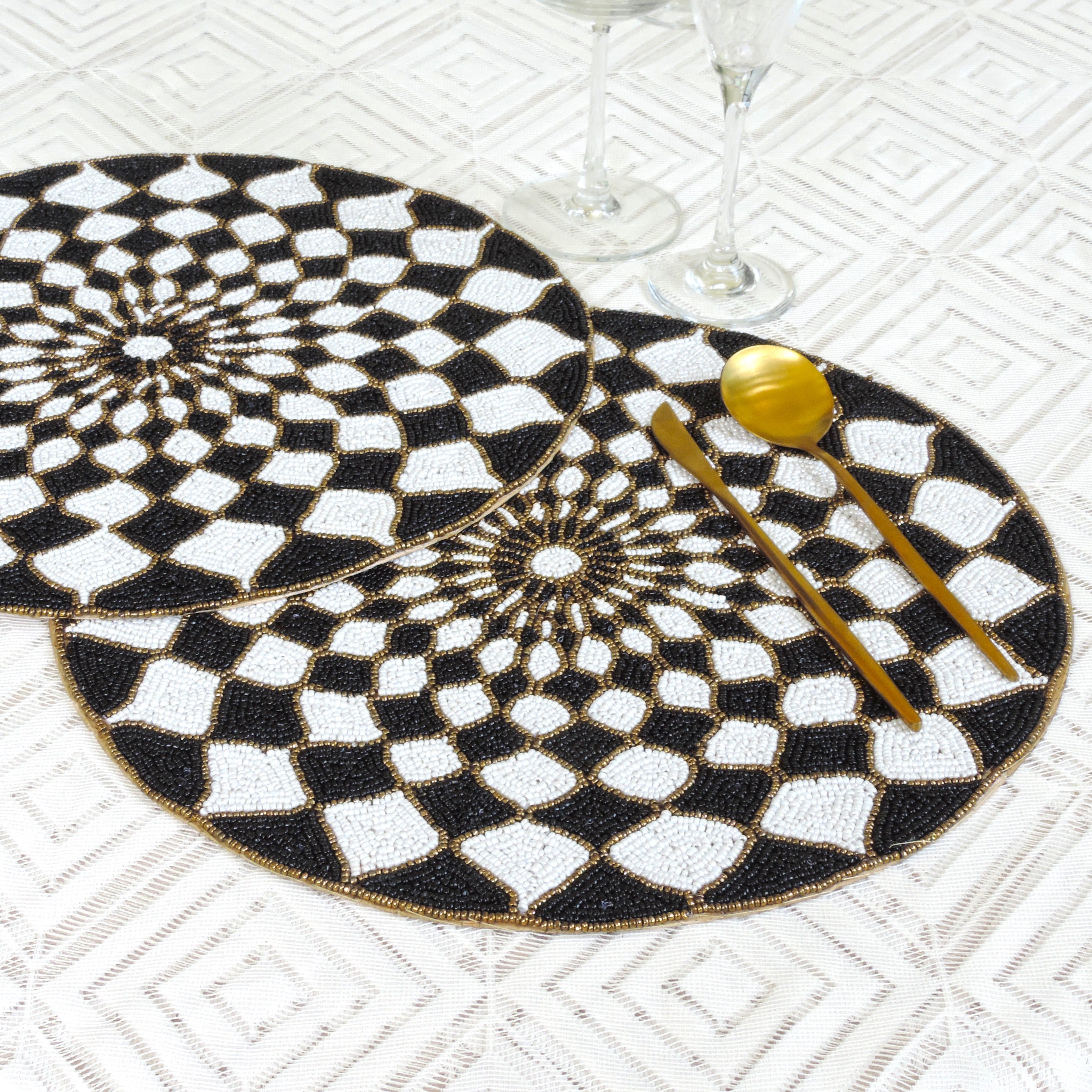 Glass Bead Embroidered Placemats , Chargers/ set of 2 / Black & Gold
