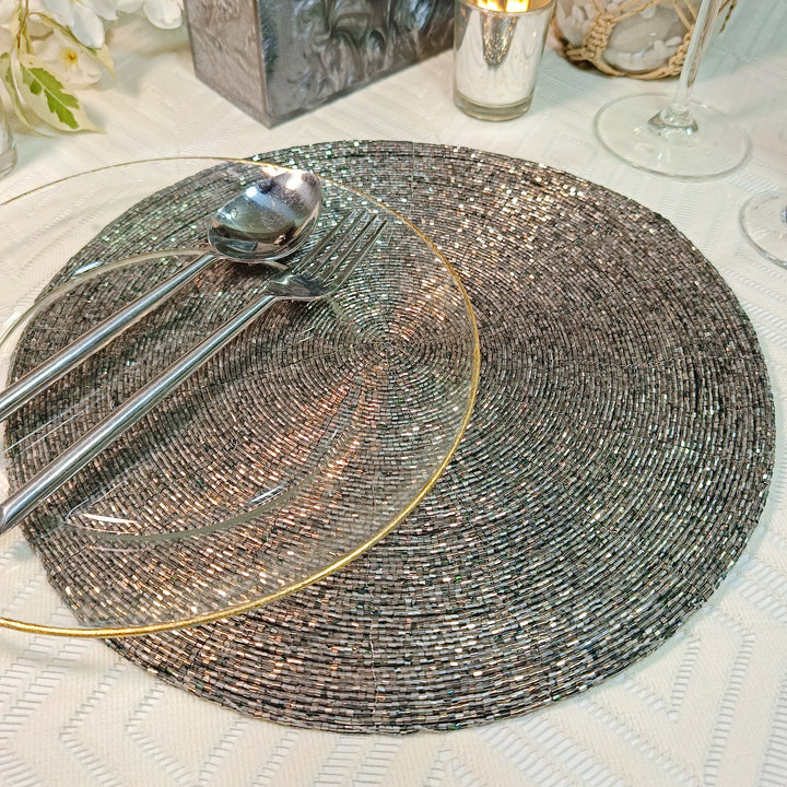 Glass Beaded Placemat in  Smoke Set of 2
