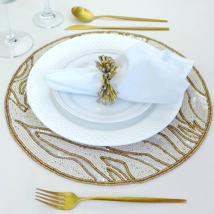 Embroidered Placemat / 14" / Set of 2 / Cream & Gold