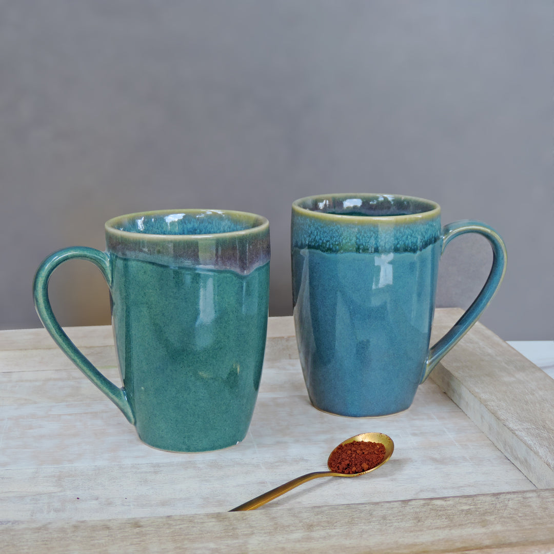 Mugs Set of 2 || Ceramic Mugs || Green || Tea Mugs || Coffee Mugs || Microwave Safe || 4.5"x4.25" Inch