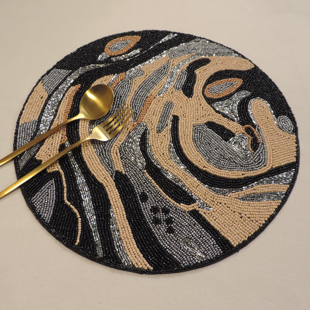 Glass Bead Embroidered Modern Camo Placemats, Chargers / Set of 2 / 14in. Round / Natural & Black