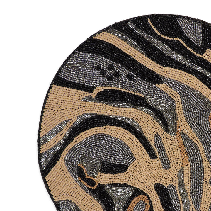 Glass Bead Embroidered Modern Camo Placemats, Chargers / Set of 2 / 14in. Round / Natural & Black