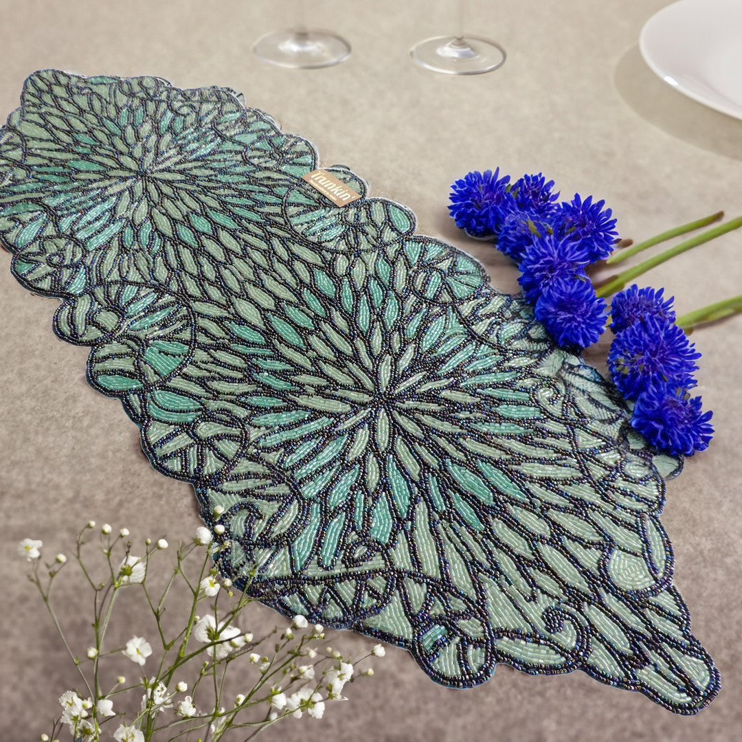 Peacock Glass Bead Embroidered Table Runner