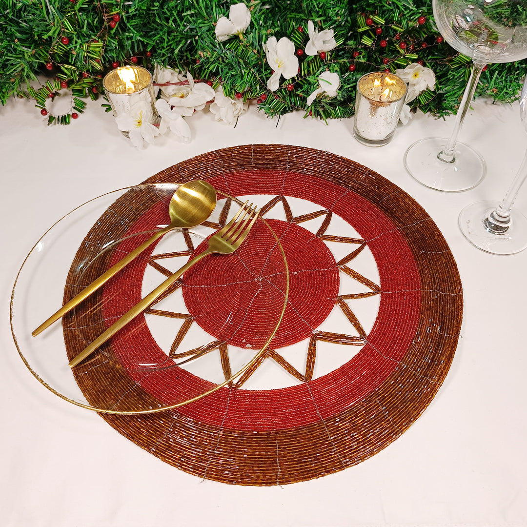 Glass Beaded Placemat in  Red & Brown, Set of 2