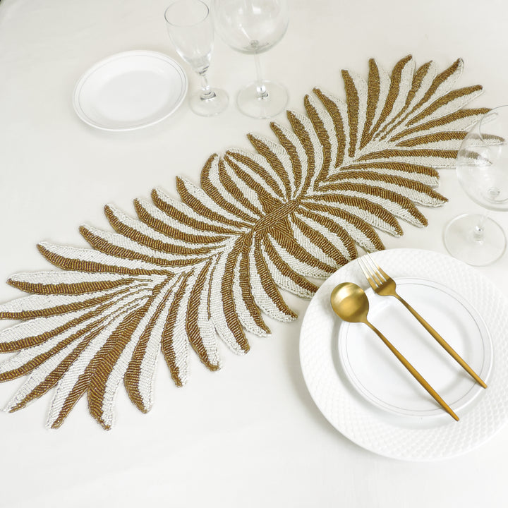 Cream & Gold Glass Bead Embroidered Table Runner