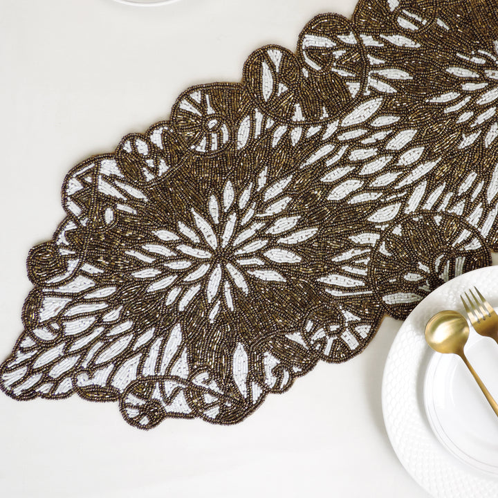 Cream & Antique Gold Glass Bead Embroidered Table Runner
