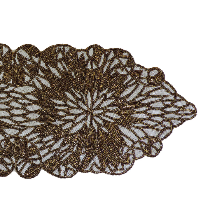 Cream & Antique Gold Glass Bead Embroidered Table Runner
