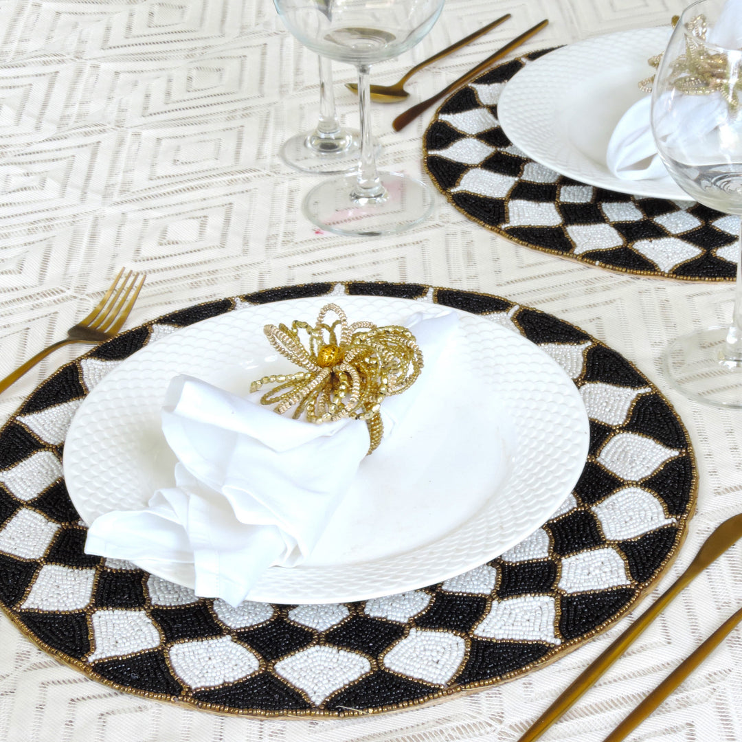 Glass Bead Embroidered Placemats , Chargers/ set of 2 / Black & Gold