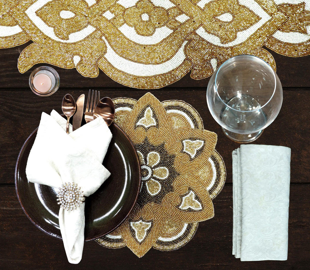 The 'Glitterah' Place Setting for 4 - Placemats, Chargers, Napkin Rings & Table Runner - trunkin.in