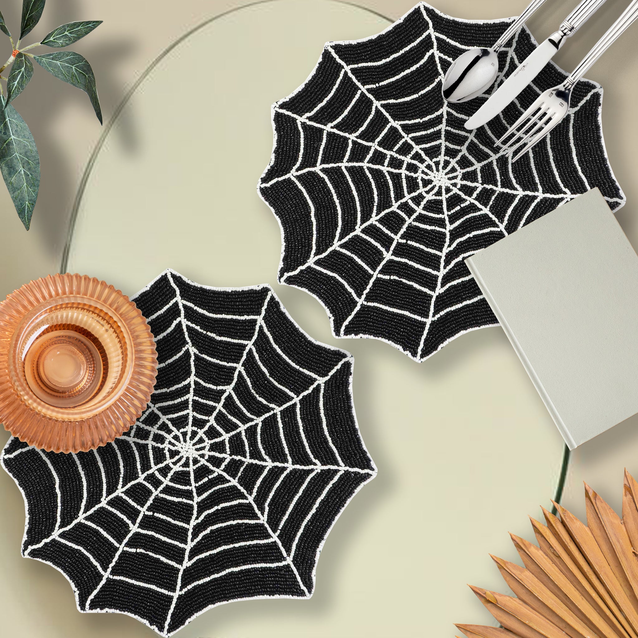 Halloween Spiderweb Bead Embroidered Placemat/ 14" / Set of 2 / Black & Silver