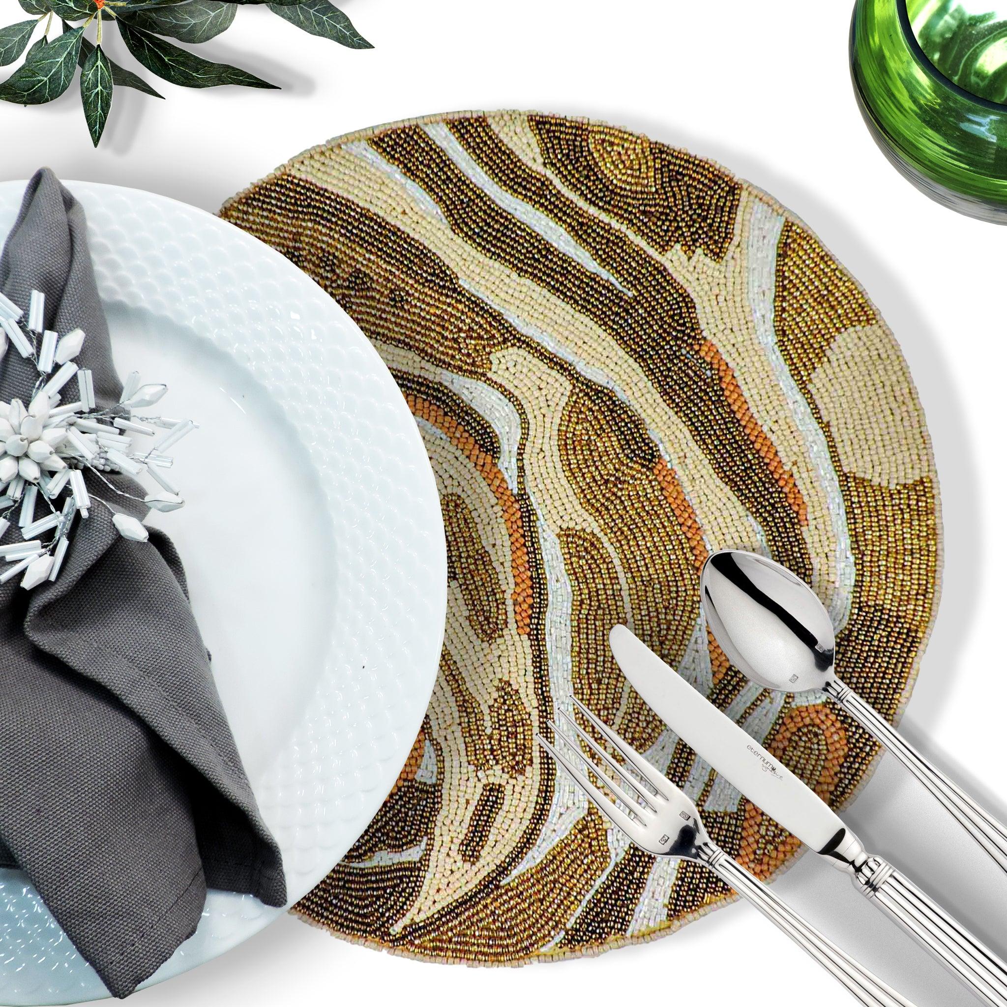 Glass Bead Embroidered Modern Camo Placemats, Chargers / Set of 2 / 14in. Round / Natural - trunkin.in