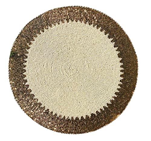 Glass Bead Embroidered Placemats, Chargers / Set of 2 / 15in. Round / Cream & Gold - trunkin.in