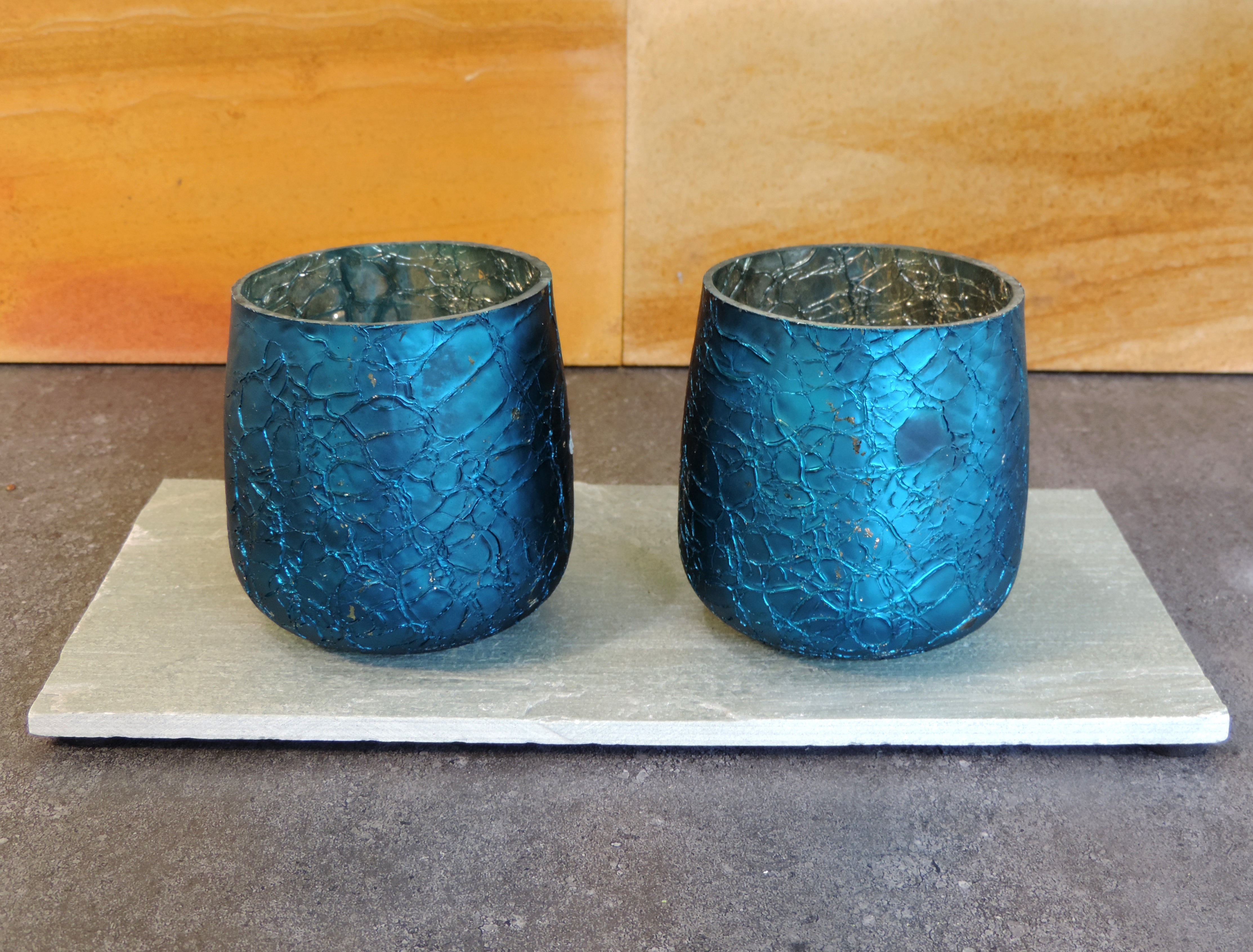 Ainaa Collection - Set of 2 Glass Votive with a Decorative tray - Turquoise