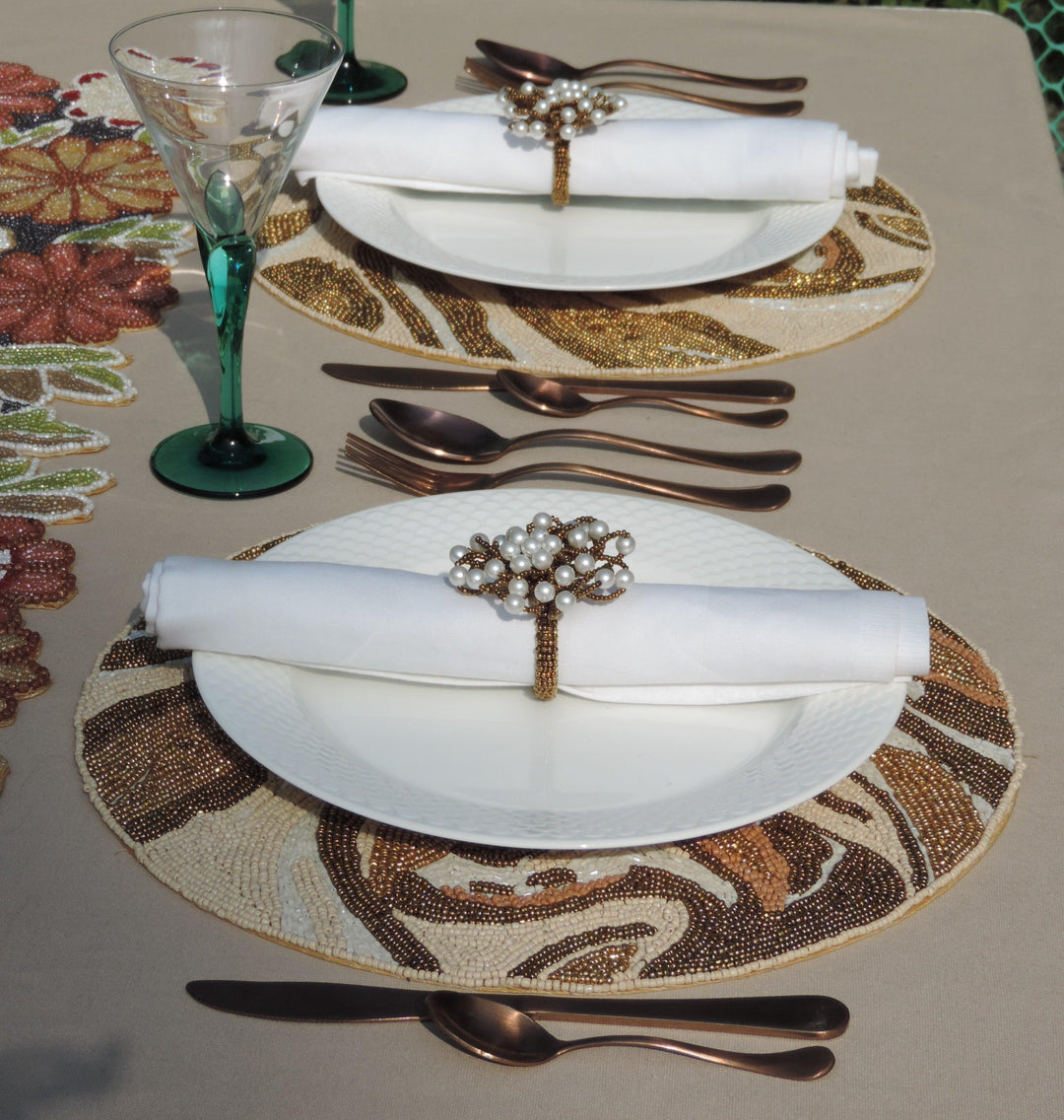 Glass Bead Embroidered Modern Camo Placemats, Chargers / Set of 2 / 14in. Round / Natural - trunkin.in