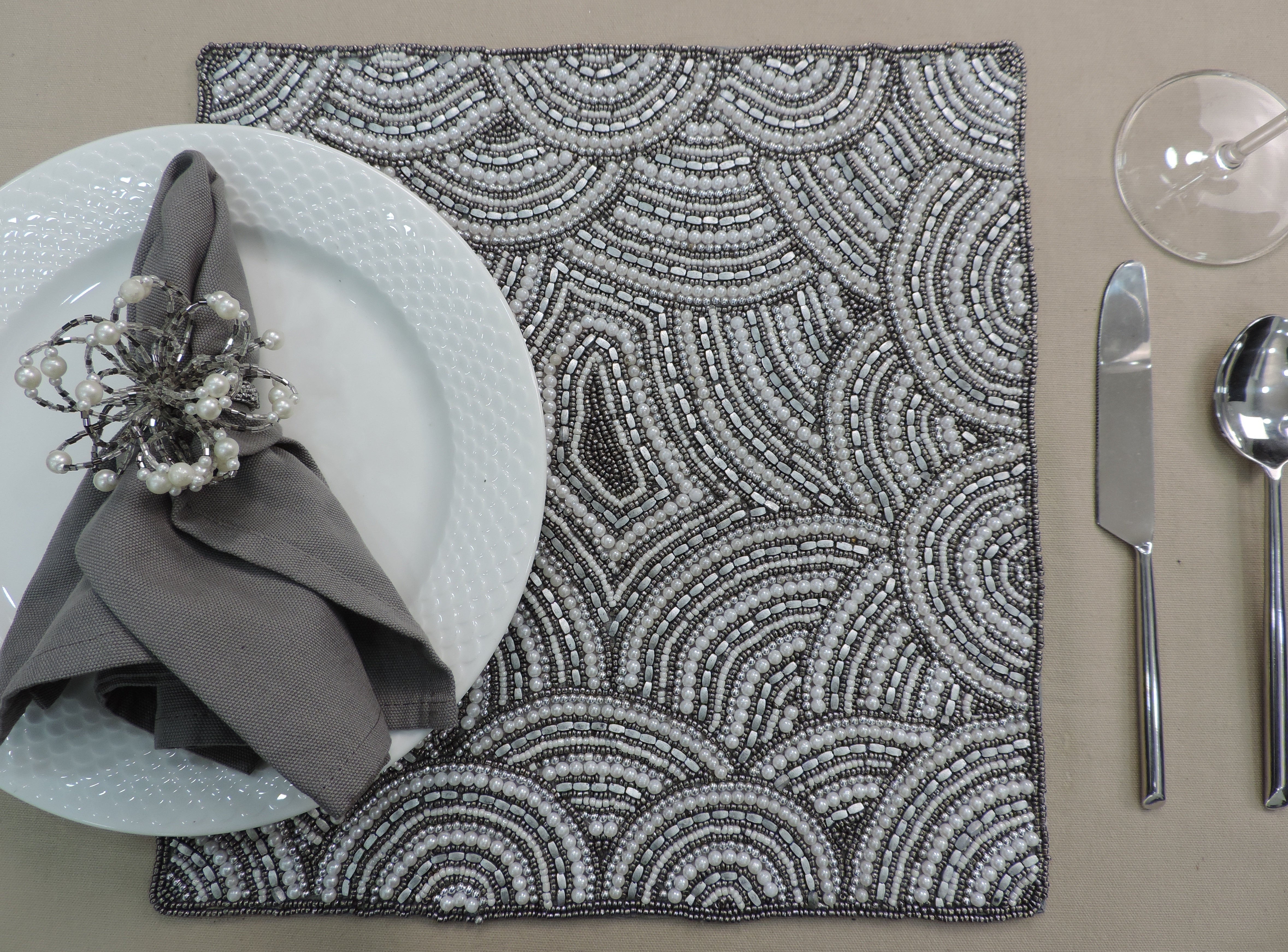 Glass Bead  Flower  Embroidered Placemats, Chargers / Set of 2 / 14in. Square / Smoke & Cream