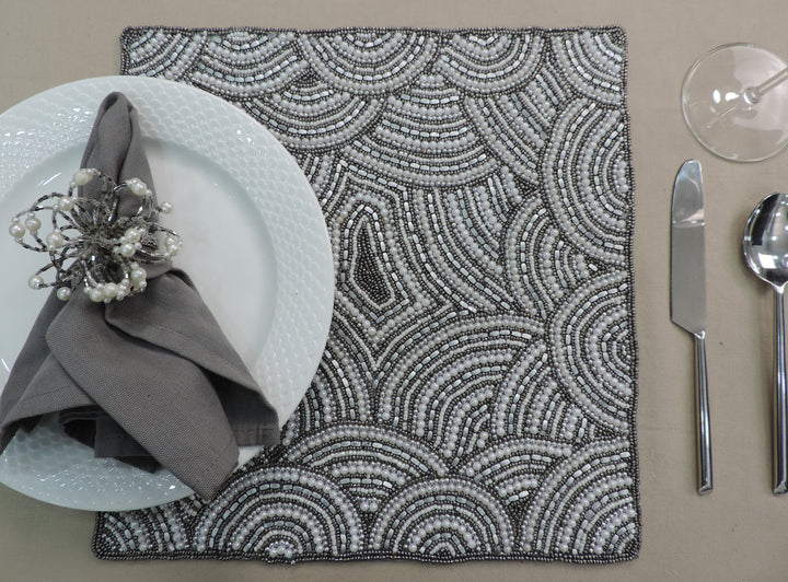 Glass Bead  Flower  Embroidered Placemats, Chargers / Set of 2 / 14in. Square / Smoke & Cream