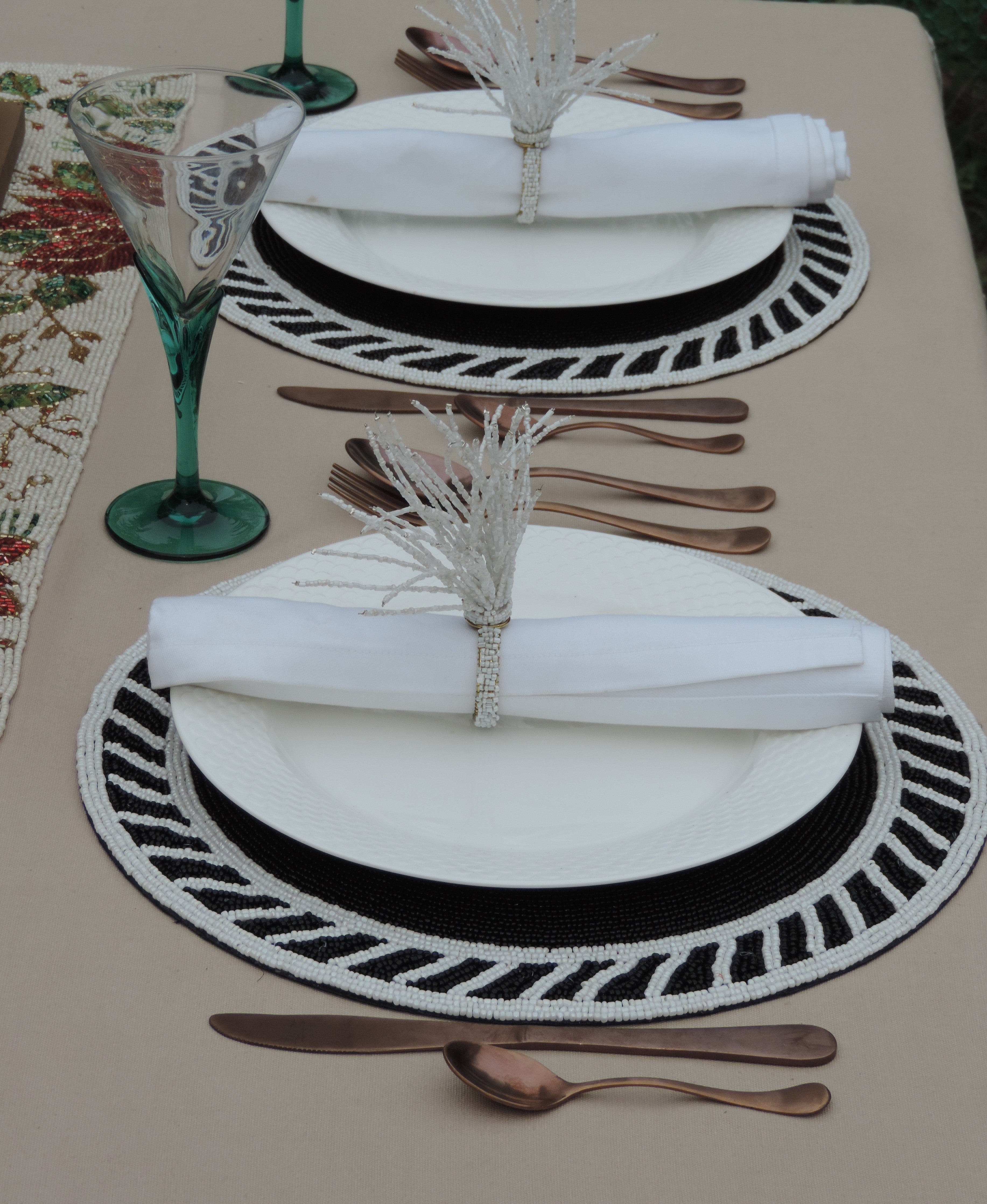 Minted Bead Embroidered Placemat / Black, White / 13.5" / Set of 2 - trunkin.in