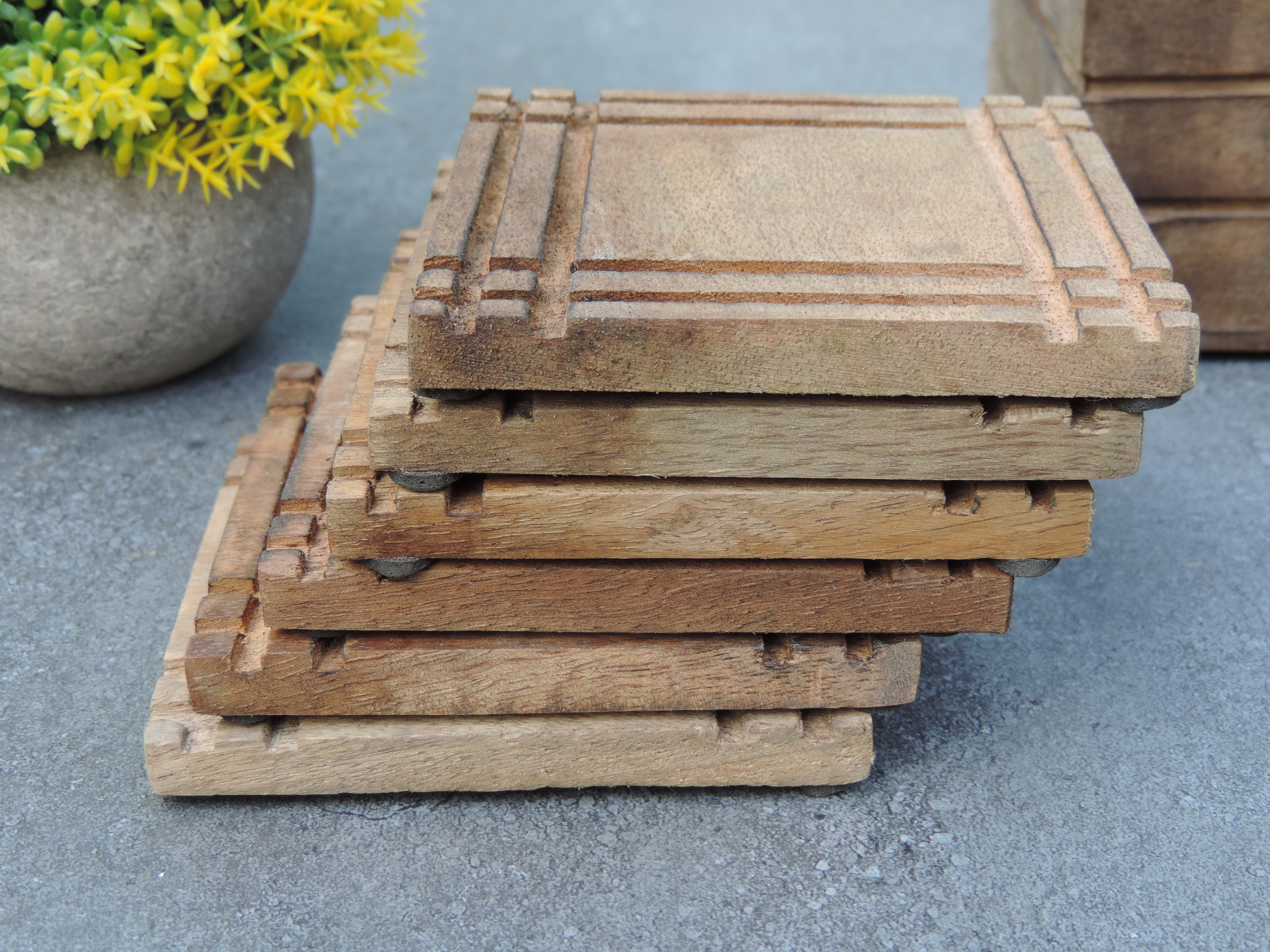 Wooden Coaster with Holder set of 6 - 4"
