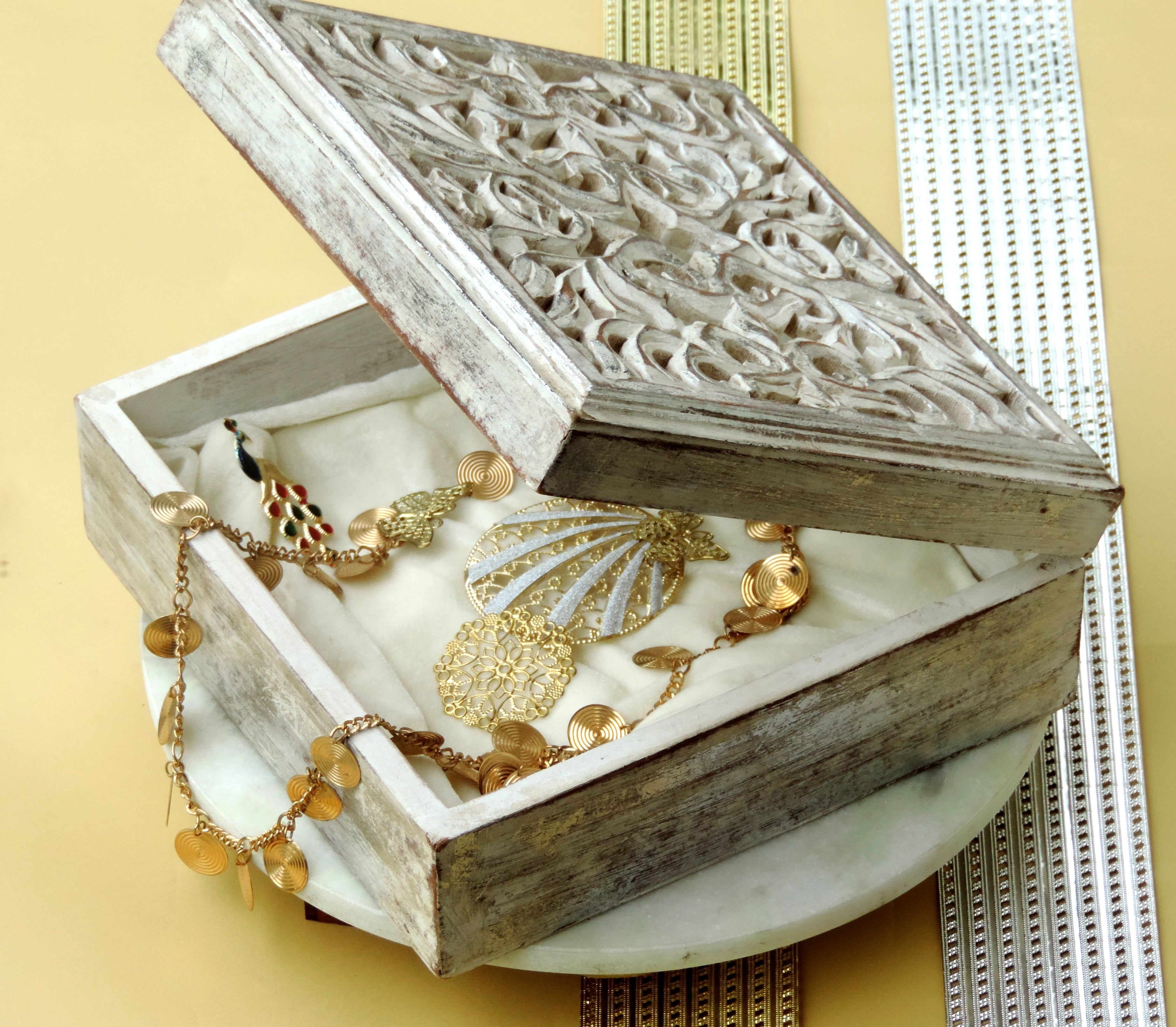 Wooden Jewellery Box with Carving - 22*22*7 CM