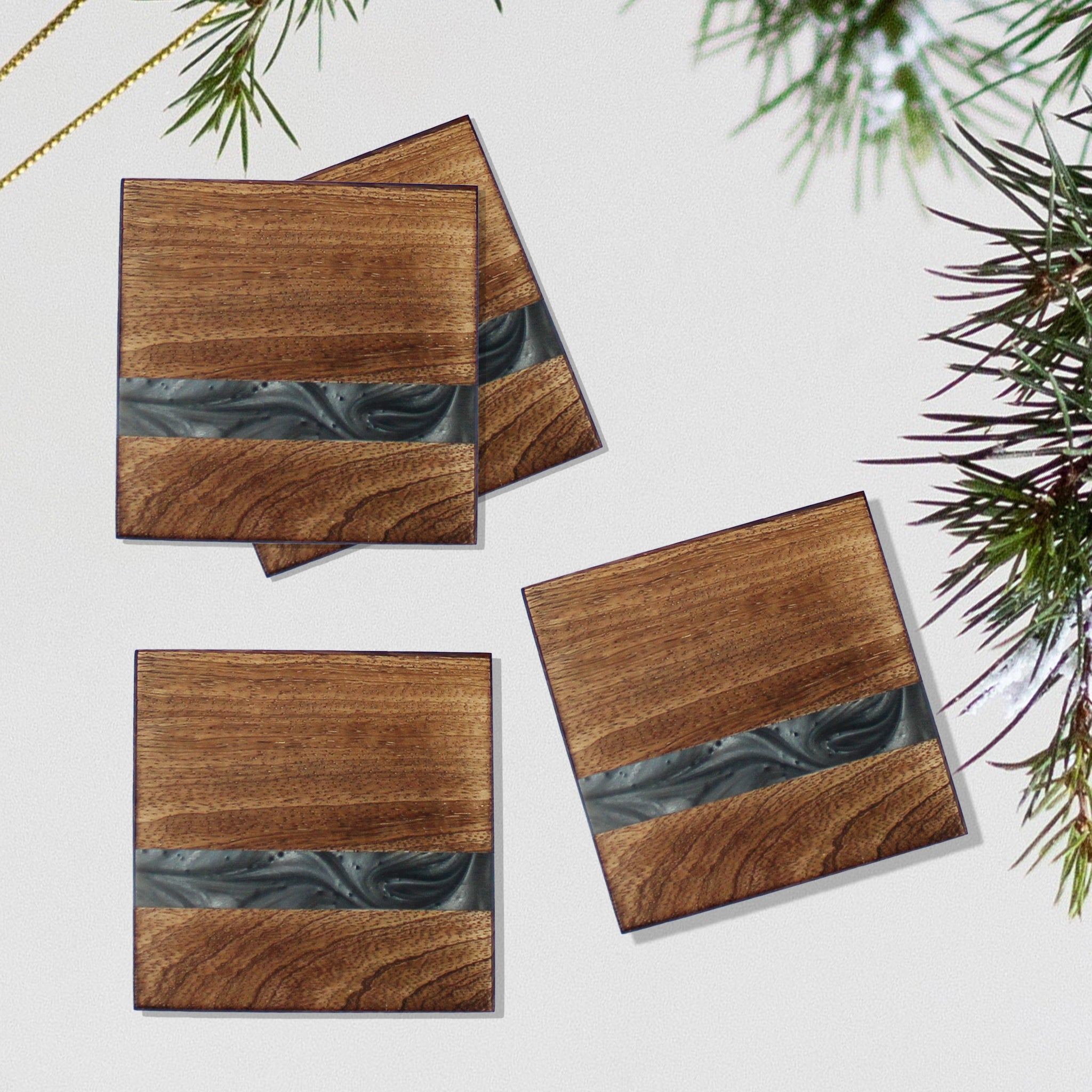 Linen by Trunkin'/ Wood with resin Coaster Set of 4 / Grey/ 4"