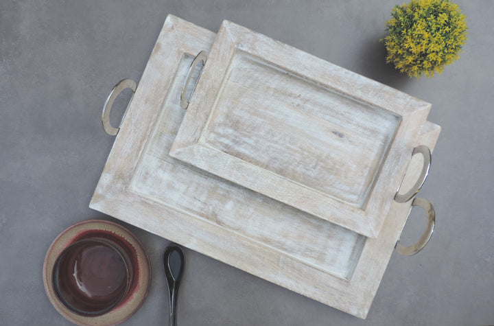 Wooden Serving Trays / Set of 2 / White / 20"x14"x3.75"/ 15"x9.5"x3.75"