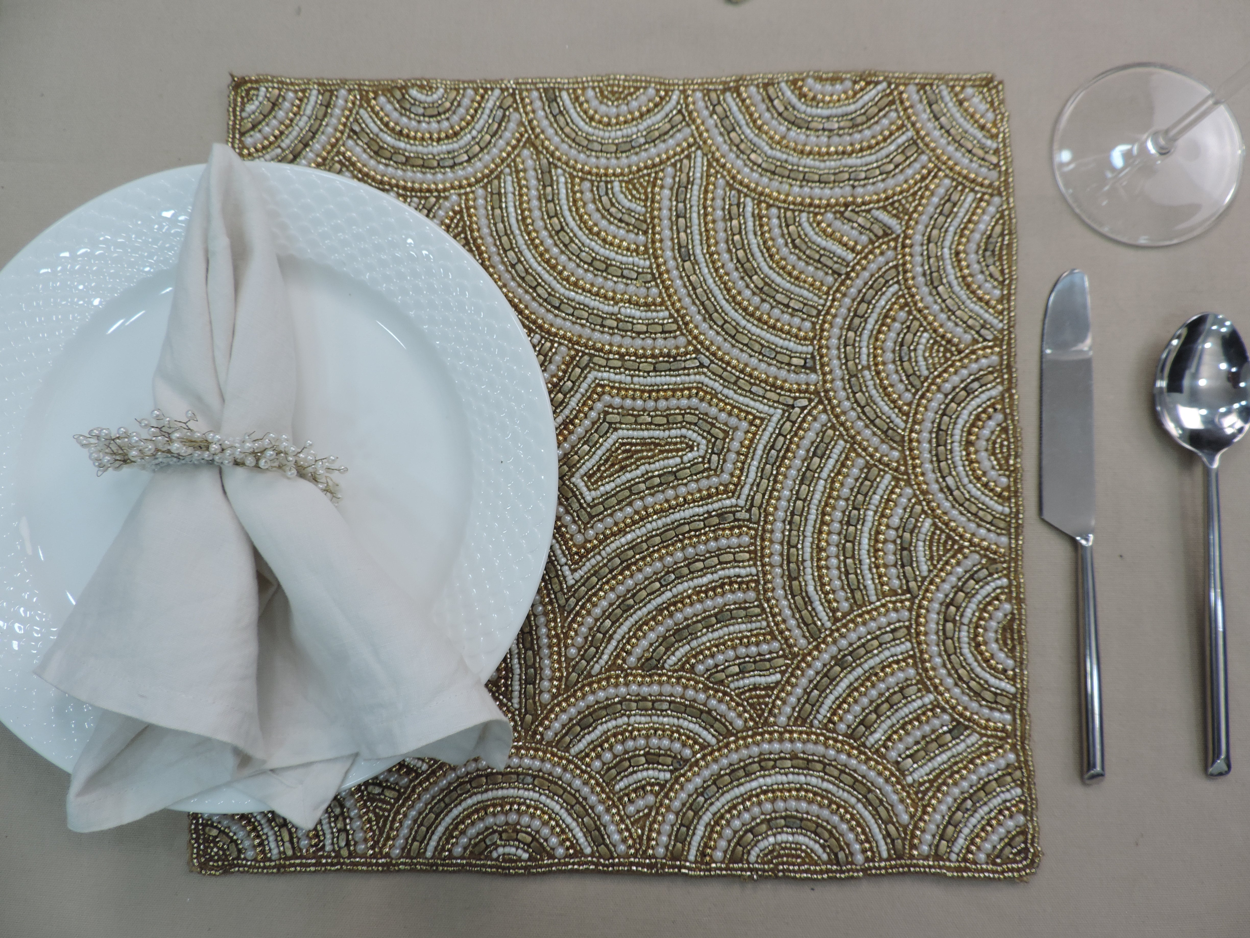 Glass Bead Flower Embroidered Placemats, Chargers / Set of 2 / 14in. Square / Cream & Gold